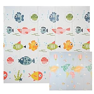 CCLIFE Omkeerbare speelmat, inklapbare kindermat, XPE-speelmat, opvouwbare speelmat, dubbelzijdige mat, waterdicht, niet giftig, kleur: wereldkaart met vis