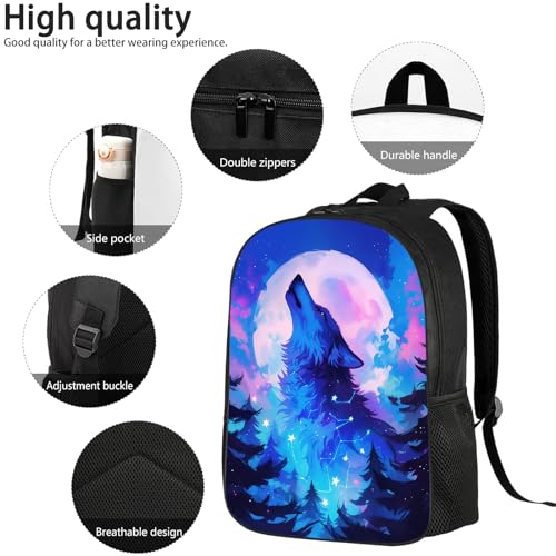MAMINA Kids Wolf Backpack for Boys Girls, Howling Wolf Galaxy Backpack, Animal Print Blue Pink Space Galaxy Starry Night Cosmos School Backpack, Elementary Middle High School Backpack, 17 Inch3