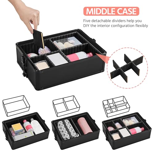 Yaheetech 4 in 1 Professional Makeup Train Case Aluminum Cosmetic Case Rolling Makeup Case Extra Large Trolley Makeup Travel Organizer, with 360° Swivel Wheels, Black