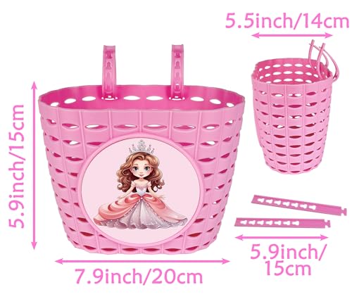 Dankeler Girls Pink Bike Basket, Cute Bicycle Front Handlebar Basket, Adjustable Plastic Tricycle Basket for Kids, Baby Girls, Toddlers (Princess) - Thumbnail 3