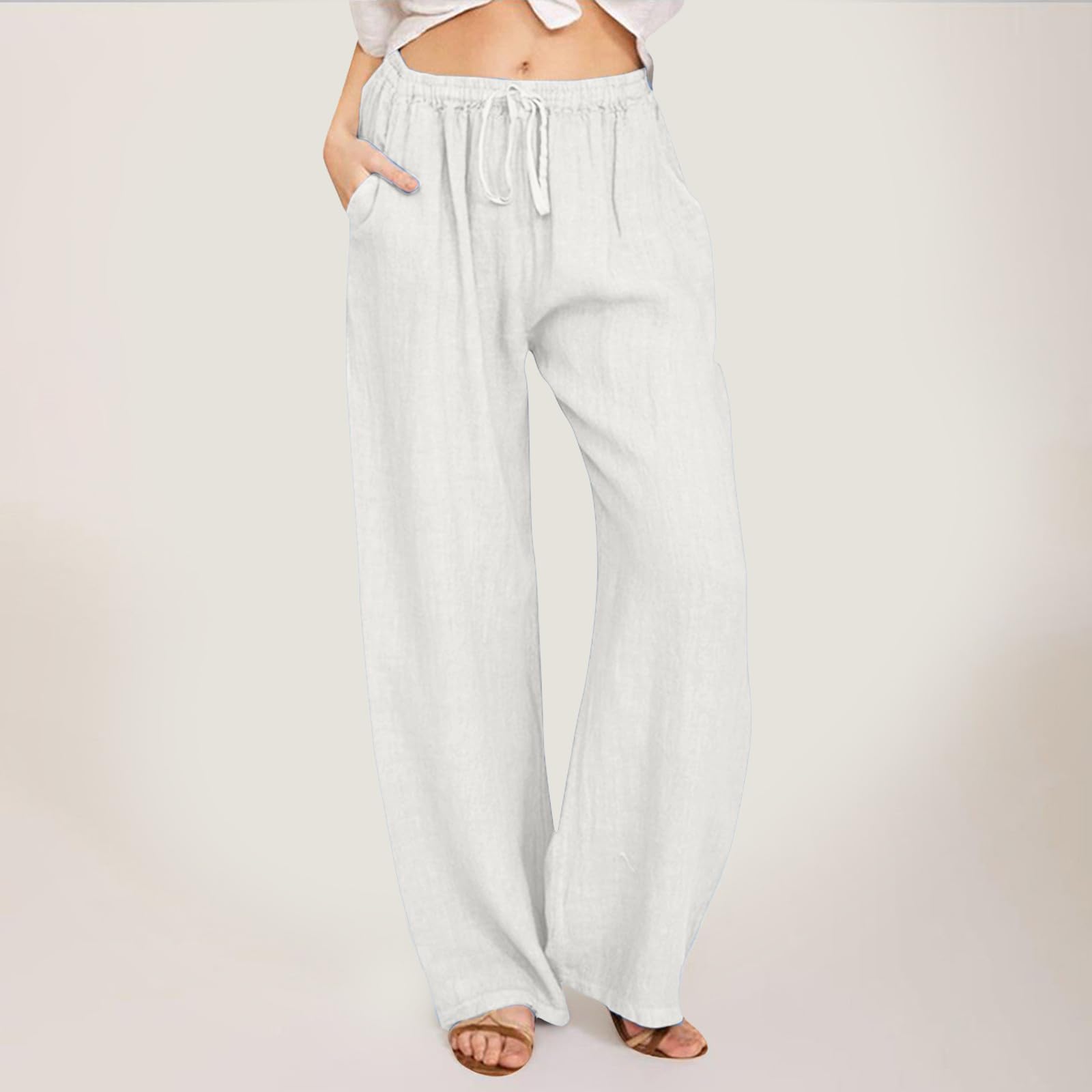 Pantalon Femme, Femmes Taille Haute Large Jambe Mode Cordon Élastique Confortable Jambe Droite Long Avec Poches, Tissu Respirant