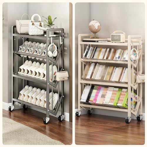 5-Tier Rolling Book Cart with Wheels - Metal Library Shelving Unit with Hooks & Partitions - Large Capacity Mobile Book Organizer for Home, Office & School (Gray, 90cm)