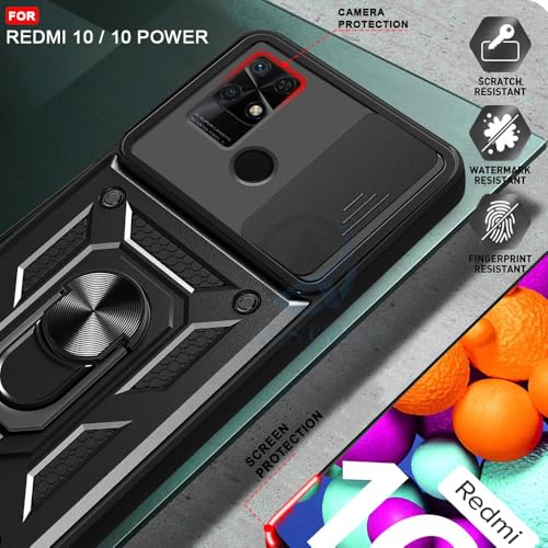 Image of AESTMO Tough Armor Redmi 10 /10 Power Bumper Back Case Cover | Ring Holder & Sliding Camera Shield Cover | 360 Degree Protection Back Case Cover for Redmi 10 /10 Power (Black)