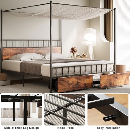 image for LIKIMIO Canopy Bed Frame King with Wooden Headboard and Drawer, King S