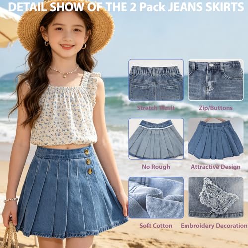 Image of ABALACOCO Jean Skirt for Girls 2Pack Denim Mini Skirt Shorts A-Line Kids Dress,Stretchy Waist Cotton Soft Button Wear 3-14T