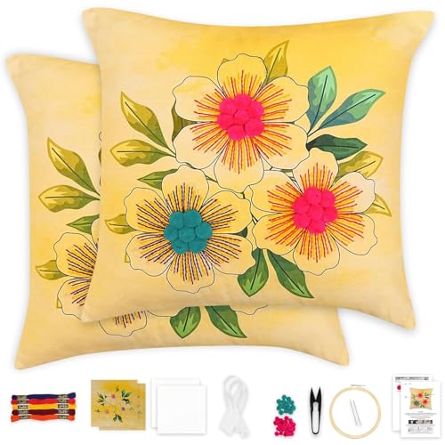 Image of picknMAKE Pack of 2 DIY Cushion Cover Hand Embroidery Kit Set for Beginners - Floral Bloom Cross-Stitch Pillow Covers | Home Decor | 16 inchx16 inch | Digitally Printed Pattern| All Materials Included