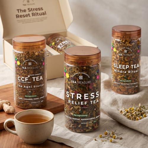 Image of TeaTreasure Stress Reset Ritual Kit - CCF+, Stress Relief & Sleep Herbal Tea Combo | Ayurvedic Blend for Digestion, Anxiety Relief, Focus & Better Sleep | Caffeine-Free