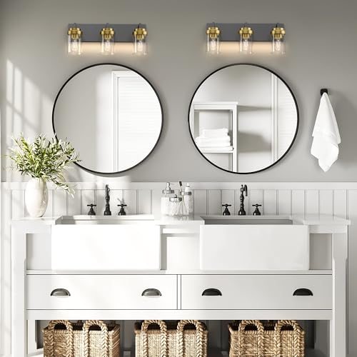 Image of Bathroom Lighting Fixtures, 3-Light Bathroom Vanity Lights Over Mirror, Black and Gold Vanity Light with Glass Shade, Modern Vanity Lighting Fixtures for Bathroom, Bedroom, Hallway