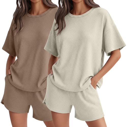 Neer 2 Pack Waffle Knit Womens Pajama Sets Lounge Cute Short Sleeve Top and Shorts Matching PJ With Pockets (Light Khaki Apricot XXL)