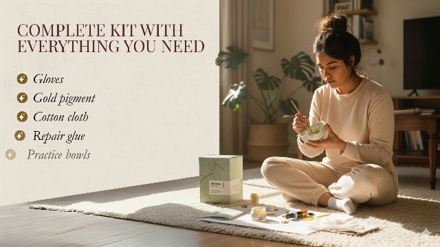 Sandy Leaf Farm Kintsugi Repair Kit – Repair Your Own Ceramics with Gold Powder – Includes Two Beautiful Practice Bowls – DIY Japanese Pottery Repair Kit