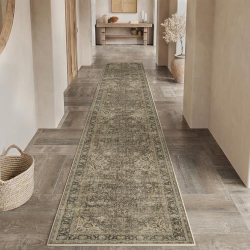 3x12 Washable Brown Vintage Runner Rug for Kitchen Hallway Non-Slip Low Pile Soft Thin Carpet Traditional Retro Distressed Accent Long Throw Rug for Entryway Bathroom Indoor Bedroom