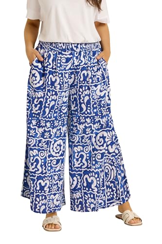 Image of EVANS Curve Blue Abstract Print Wide Leg Trouser - Women's - Plus Size Curve