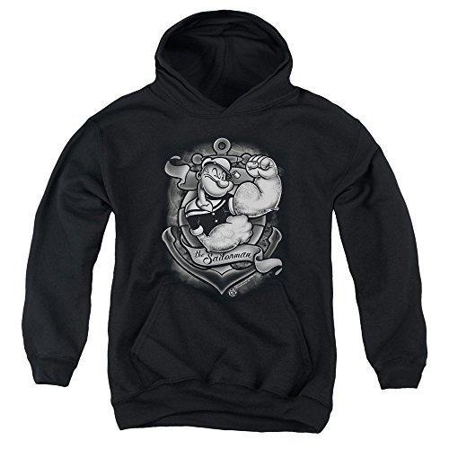 Popeye Anchors Away Unisex Youth Pull-Over Hoodie for Boys and Girls, Large Black