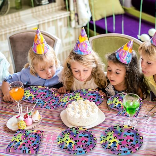 Image of 96Pcs Neon Rainbow Leopard Birthday Party Supplies Cheetah Party Plates and Napkins Neon Rainbow Leopard Party Disposable Tableware Decorations for Neon Baby Shower Party Favors for 24 Guests