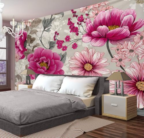Tapisserie murale fleurs branches feuilles rose, tenture décorative grand format maison