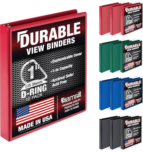 Image of Samsill Durable 1 inch 3 Ring Binder, D Ring Binder, Customizable Clear View Cover, Basic Assortment, 12 Pack