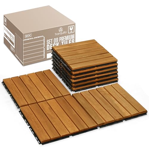 Acacia Wood Interlocking Deck Tiles, Waterproof Patio Tiles, 9 PCS- Golden