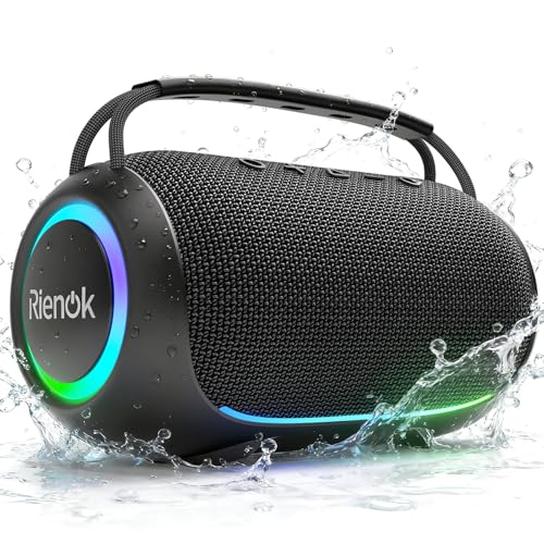RIENOK Enceinte Bluetooth, 80W Enceinte Puissante, Tweeter et Woofer, 6000 mAh, 30H, IPX7, 128Go, Haut Parleur Bluetooth 5.3, Port Clé USB, AUX et TF Carte,...