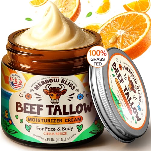 Meadow Bliss Beef Tallow for Skin - Moisturizer Cream - 100% Grass Fed - Whipped Beef Tallow - Organic Jojoba Oil - Organic Shea Butter - Supports Eczema, Rosacea+ - Made in USA - Citrus Breeze - 2 oz