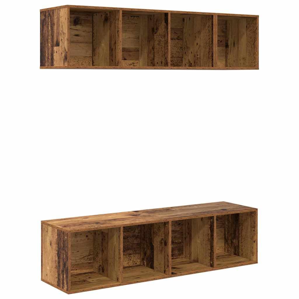 TV-Schrankset Wandmontiert 3er-Set, Altholz Holzwerkstoff, Modernes Design, 37x37x142,5 cm, für Wohnzimmer, Media Center, Stauraum