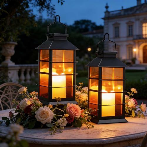 Cozymeow Farolillos Solares Exterior 2 Piezas Lampara Jardin con Vela Parpadeante, Farol Solar Impermeable Lampara Exterior Mesa, Linterna para Adornos Jardin Terraza Balcón Decoracion