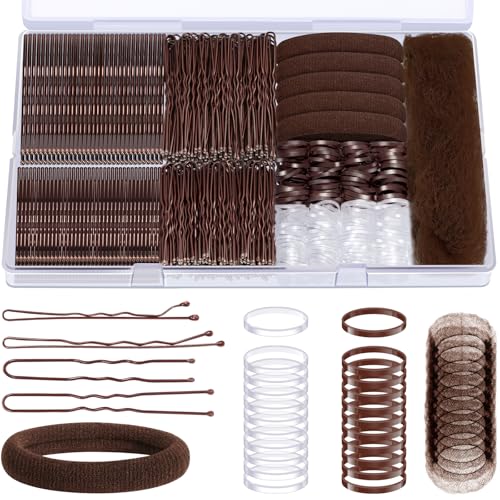 415pcs Bobby Pins Hair Pins Set, IKOCO 200pcs U Shaped Pins & Elastic Hair Ties for Women with Hair Net, Brown