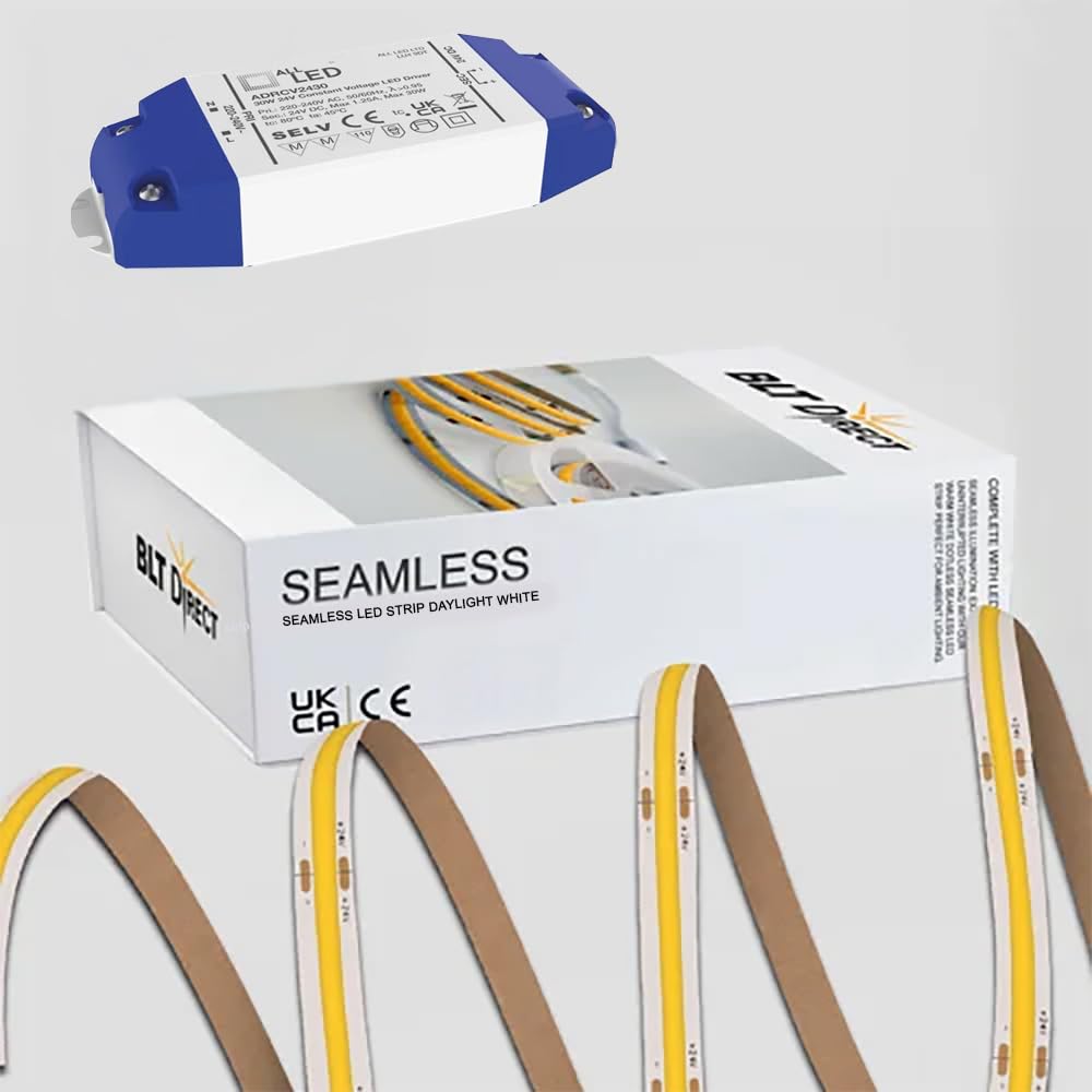 2 Meter LED Strip Kit (C/W Driver) - 8mm Seamless COB 24V IP20 Dotless Daylight - DIY/Professional Installations – 10W Per Metre – Energy-Efficient Strip Light with Driver (Daylight)
