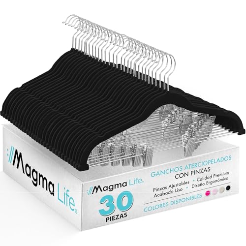 Reviews de Perchas para faldas los más solicitados. 49 MAGMALIFE Set de 30 Ganchos de Terciopelo Negros con Pinza Ajustable, 42 cm, Ganchos Antideslizantes y Resistentes, con Gancho Giratorio, Ideal para Pantalones, Faldas, Jeans y...