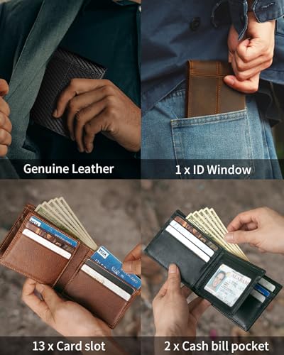 Mens Wallet Bifold Genuine Leather RFID Blocking Wallet for Men with 1 ID Window 13 Card Holders 2 cash pockets 1 Gift Box3