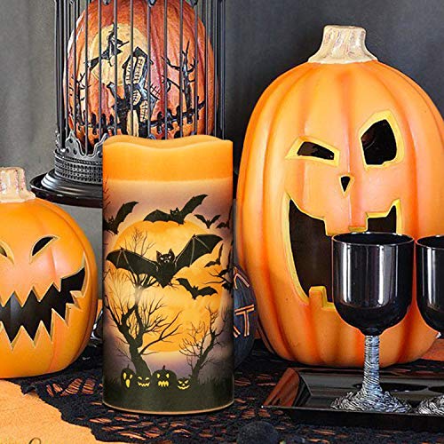 Eldnacele Halloween Flameless Flickering Led Candles With 6-Hour Timer, Battery Operated Wax Candles Assorted Decals Witch, Bats, Castle Set Of 3 For Decoration #TOP3