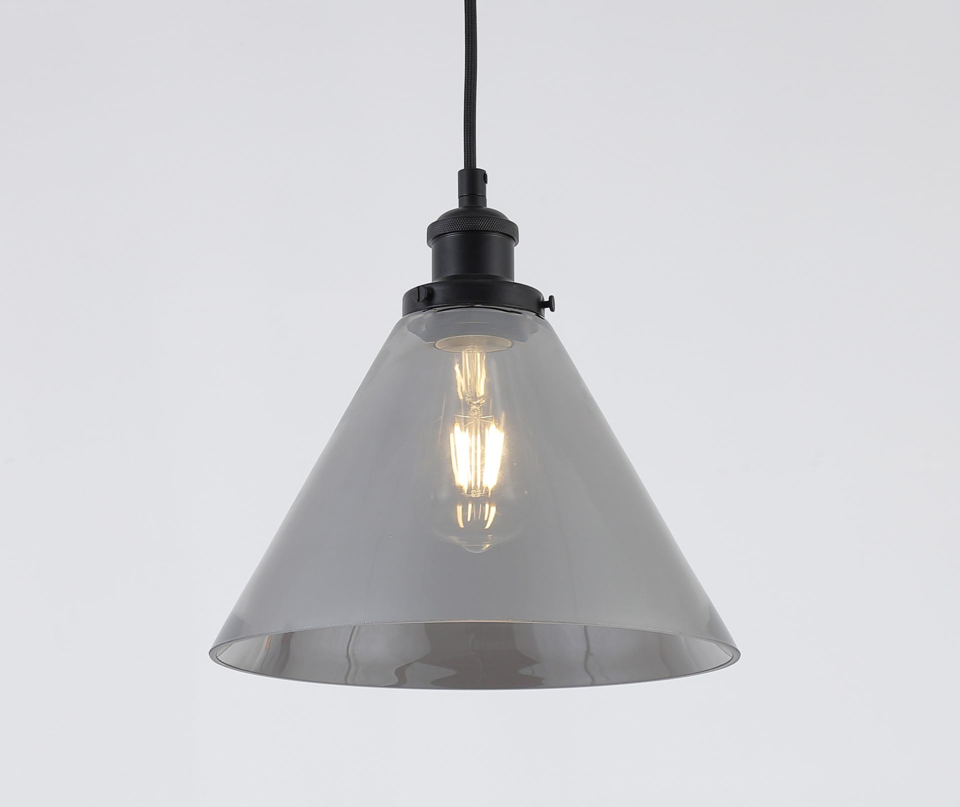 Vintage Smoked Glass Pyramid Pendant With Black Nickel Textile Twisted Wire Suspension, Ceiling Rose And Matching Metal Bulbholder Set for Kitchen Bedroom Hallway [Energy Class A++] (Smoked)