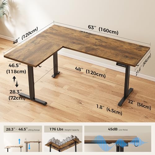 Image of Agilestic L Shaped Standing Desk 63 inch Adjustable Height, Electric Corner Standing Desk, Sit Stand Computer Table with Splice Board, Rustic Brown