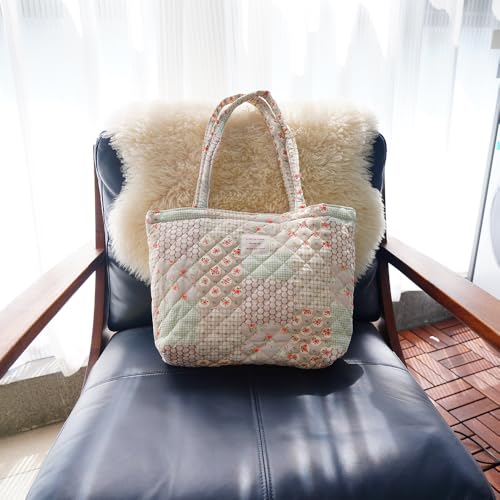 Image of Floral Quilted Cotton Shoulder Bag for Women Daily Use Medium Size Handbag Large Capacity Thickened Design Tote