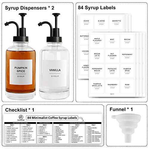 glass syrup pump bottle dispenser for coffee bar accessories with 84 labels set of 2 169 oz matte black