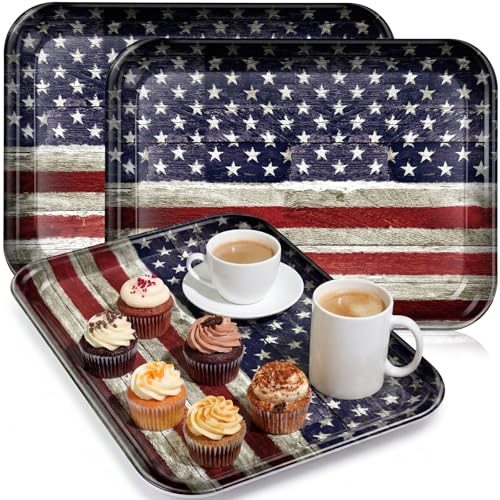 Vesici 3 Pcs Patriotic Serving Trays 13 x 10 Inch 4th of July American Flag Melamine Platters Red White Blue Reusable Rectangular Serving Dishes for Independence Day Sharing Snacks Fruit Dessert Candy