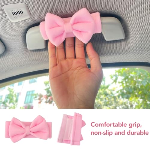 Image of 5PCS Pink Bow Car Accessories Set for Women, Cute Adhesive Pink Bow for Exterior, 2 Seat Belt Cover Pads & 2 Handle Covers, Soft Girly Car Interior Decor Gift for Teens & Girls