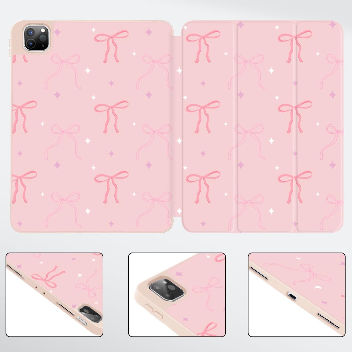 Tuiklo for iPad Pro 12.9 inch 6th / 5th / 4th / 3rd Generation 2022 2021 2020 2018 Release Case- Built in Pencil Holder Slim Protective Cover with Auto Wake/Sleep, Pink Bows