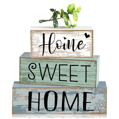 Image of Moucuny 4 Pcs Wooden Farmhouse Table Decor Rustic Home Sweet Home Stacked Blocks Decoration Farmhouse Tiered Tray Decor Decorative Eucalyptus Block Signs Gift for Kitchen Shelf Coffee Table
