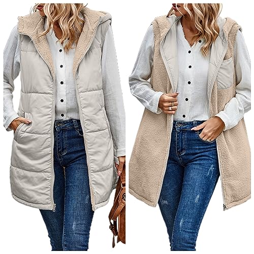 Mujer Otoño Invierno Felpa Sin Mangas Chaqueta Cálida Chaqueta Reversible Chaleco Largo Chaleco De Plumas Acolchado Chaqueta Ligera Sin Mangas (Blanco,M)