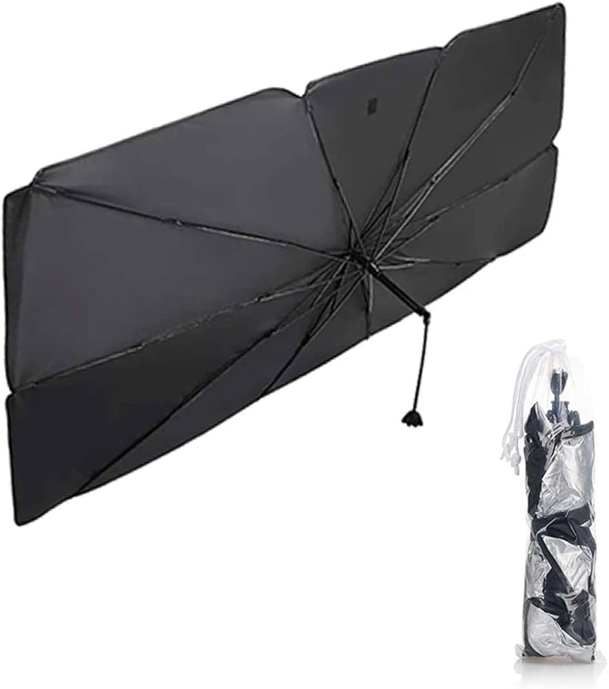 Ombrello Parasole Per Auto - 140x74 Cm, Protezione UV, Rotazione 360°, Per Parabrezza, Argento/Nero - Foto 10