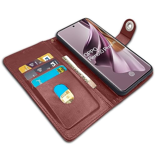 Image of Pikkme Oppo Reno 10 Pro Plus 5G Flip Cover Leather Finish | Inside TPU with Card Pockets | Wallet Stand and Shock Proof | Complete Protection Button Flip Case (Brown)