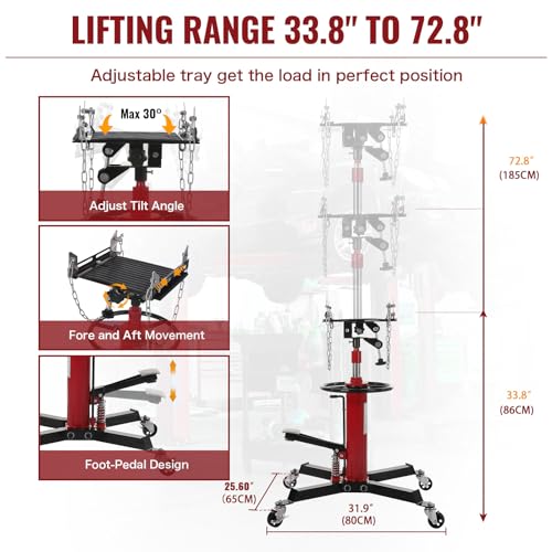 Image of 1100lbs Transmission Jack Lift with Anti-Slip Rubber Pad, Adjustable Telescoping Hydraulic Transmission Jack, High Lift Single Telescopic Jacks Hoist w /Pedal, 33.8 inch to 72.8 inch Lifting Range