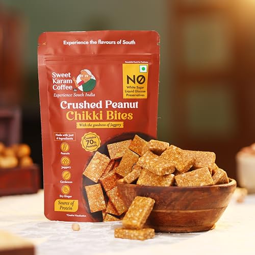Image of Sweet Karam Coffee Crushed Peanut Chikki Bites - 150g | No White Sugar or Preservatives | Jaggery Sweetened | Protein & Fiber Rich Gajak | Healthy Indian mithai Snack (Pack of 3)