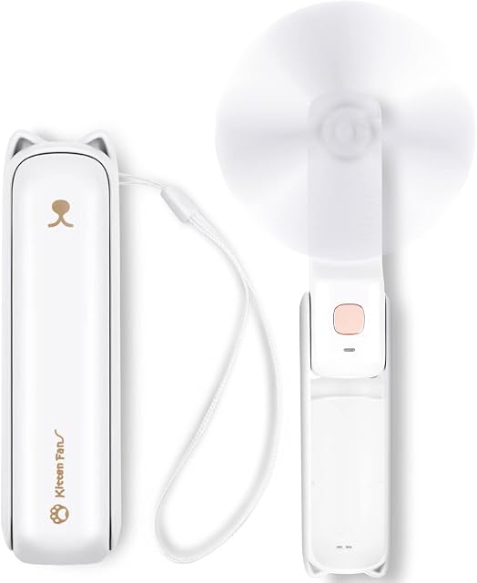 LYMYBETY Portable Handheld Fan, USB Rechargeable Mini Hand Held Travel Fans, Folding Pocket Fan with 3 Speeds, 24 Working Hours, Small Personal Desk Flashlight for Home Outdoor Use, White
