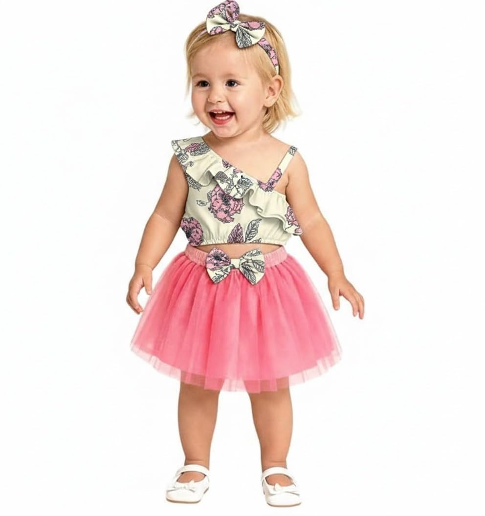 A.T.U.N. (ALL THINGS UBER NICE) Top corto con estampado asimétrico para bebé niña con falda de tutú acampanada y diadema a juego | Elegante conjunto de 3 piezas para niños