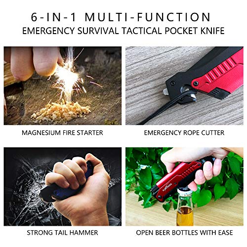 ALBATROSS 6-in-1 Survival Tactical Military Folding Pocket Knives with LED Light,Rope Cutter,Glass Breaker,Magnesium Fire Starter,Bottle Opener;Multi-Function Emergency Tool(Red) - Thumbnail 4