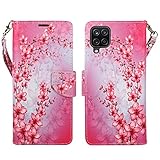 ZASE Samsung Galaxy A12 Wallet Phone Case for Women Pouch PU Leather Flip Folio Cute Design Cover w/Kickstand ID Card Slot Wrist Strap Compatible with Samsung Galaxy A12 (2021) (Pink Cherry Blossom)