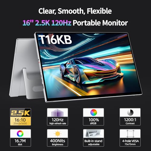 Image of Intehill 16 inch 2.5K Touchscreen Portable Monitor, 120Hz Portable Gaming Monitor w /HDR & Freesync, 16:10 Display with Full Laminated Tempered Glass, Touch Screen Travel Monitor for Laptop, T16KB (Silver)