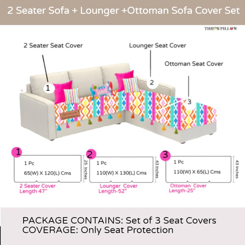 Image of Rainbow Aztech Tassel Sofa Cover:Sofa Protector:Heavy Weight Performance Fabric, AntiSlip, Scratch Resistant:Seat Protection -Set of 3 Seat Covers- L Shape (2 Seater + Lounger + Ottoman)