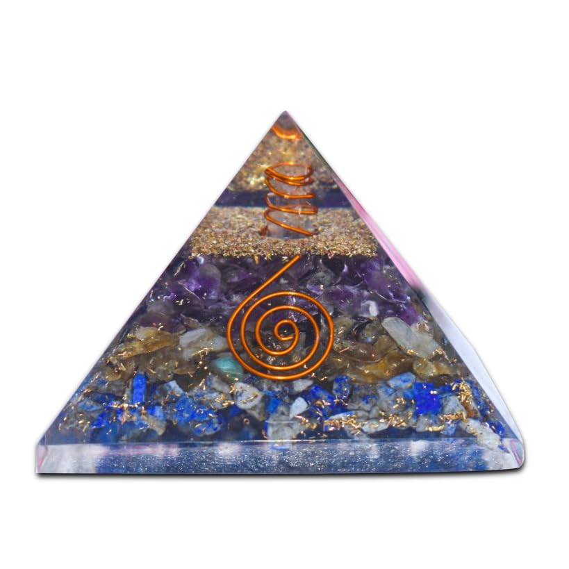 Pre-Energized Natural Crystal Stone Communication and Focus pyramid made of Amethyst, Lapis Lazuli, and Labradorite for Concentration in study, Strengthening of Communication and focus, Reiki Healing, Vastu, Mediation, Home office table decor 1pc